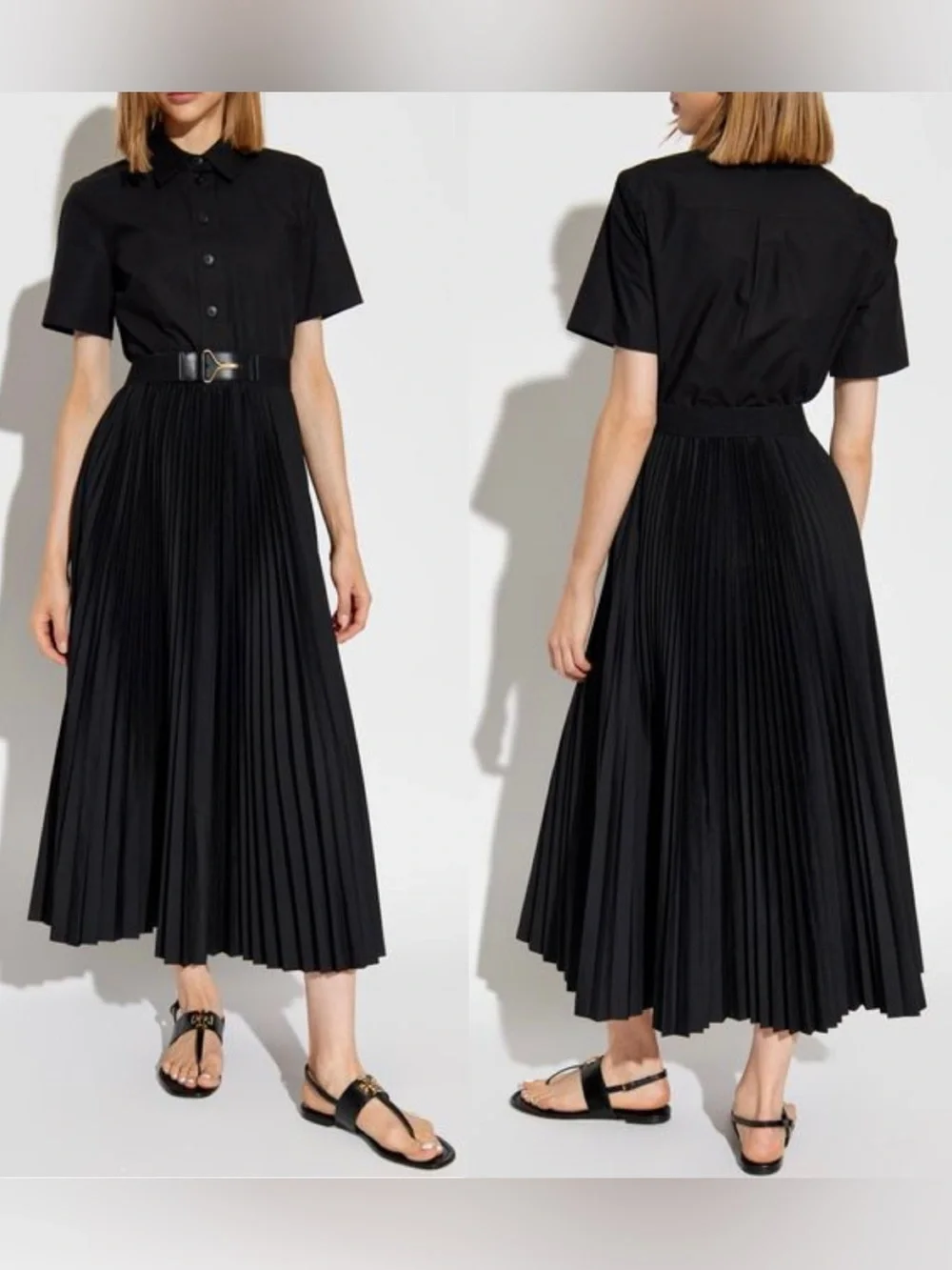NWT Tory Burch Pleated Short-sleeve Poplin Midi Shirtdress In Black. Size 4